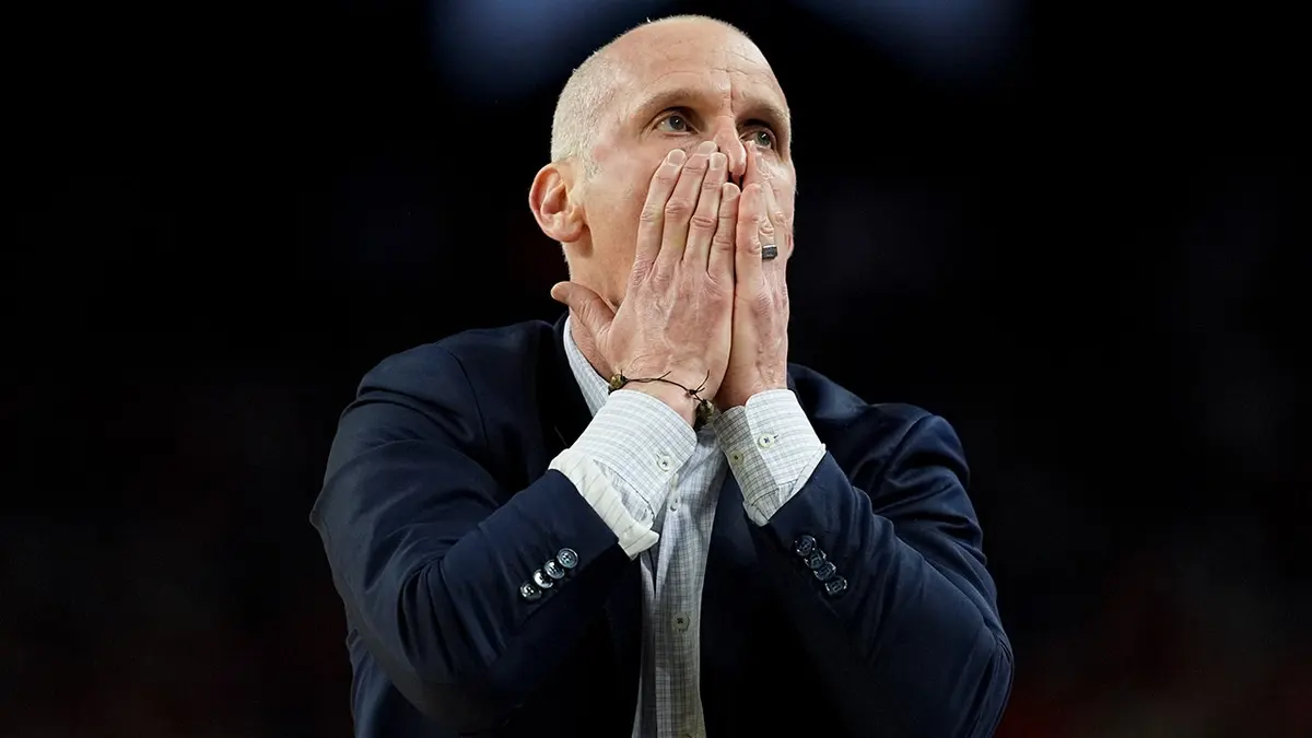 UConn head coach Dan Hurley reacting during NCAA basketball semifinal game
