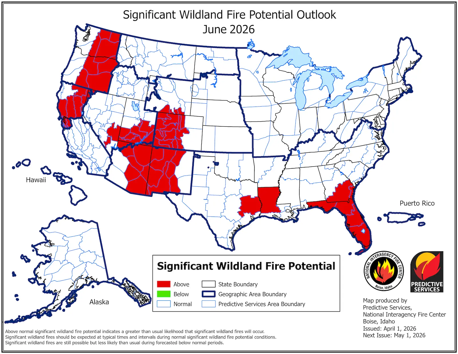A map of wildfire potential showing all 50 states. Several areas in the Northwest, Southwest, and Southeast are highlighted in red designating high risk areas. The map was updated April 2026