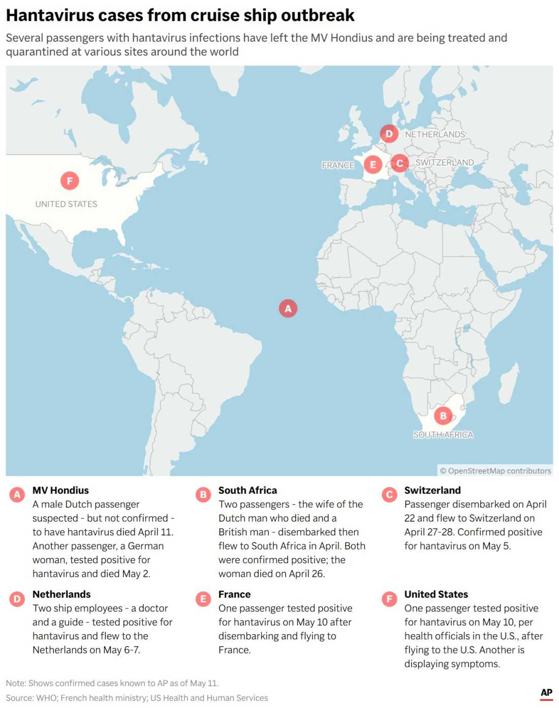 Map showing the locations of hantavirus cases from the MV Hondius.