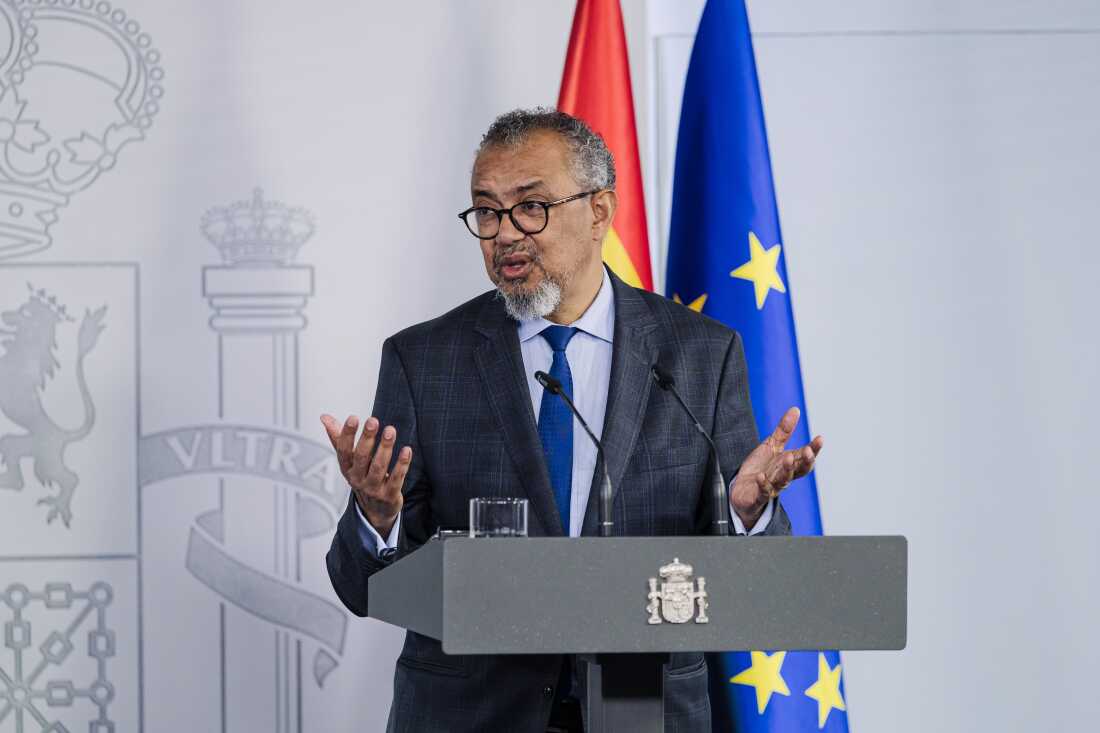 Director General of the World Health Organization (WHO) Tedros Adhanom Ghebreyesus gives a press conference at the Moncloa Palace in Madrid, Tuesday, May 12, 2026.