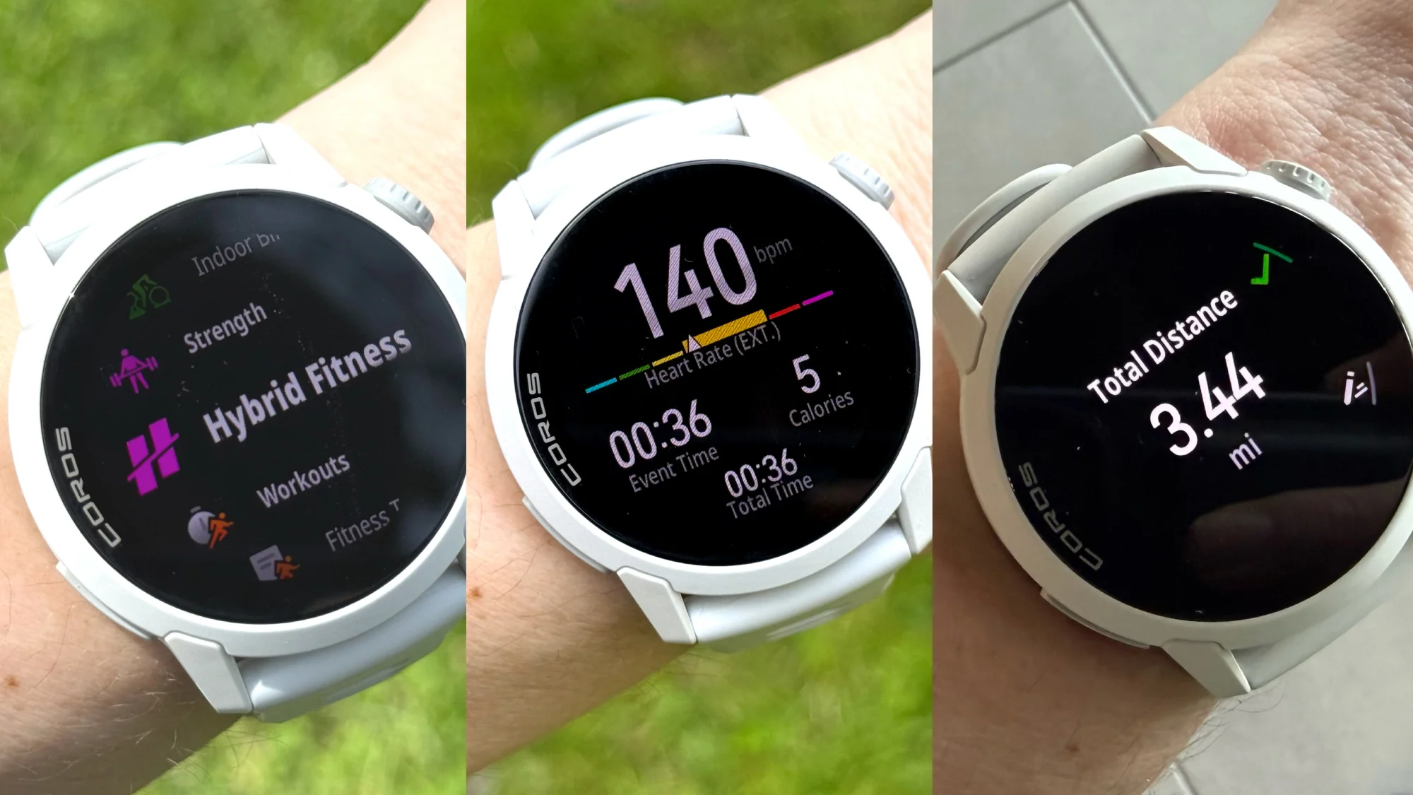 Coros Pace 4 showing Hybrid fitness mode selection, screen during workout, and run distance total at the end