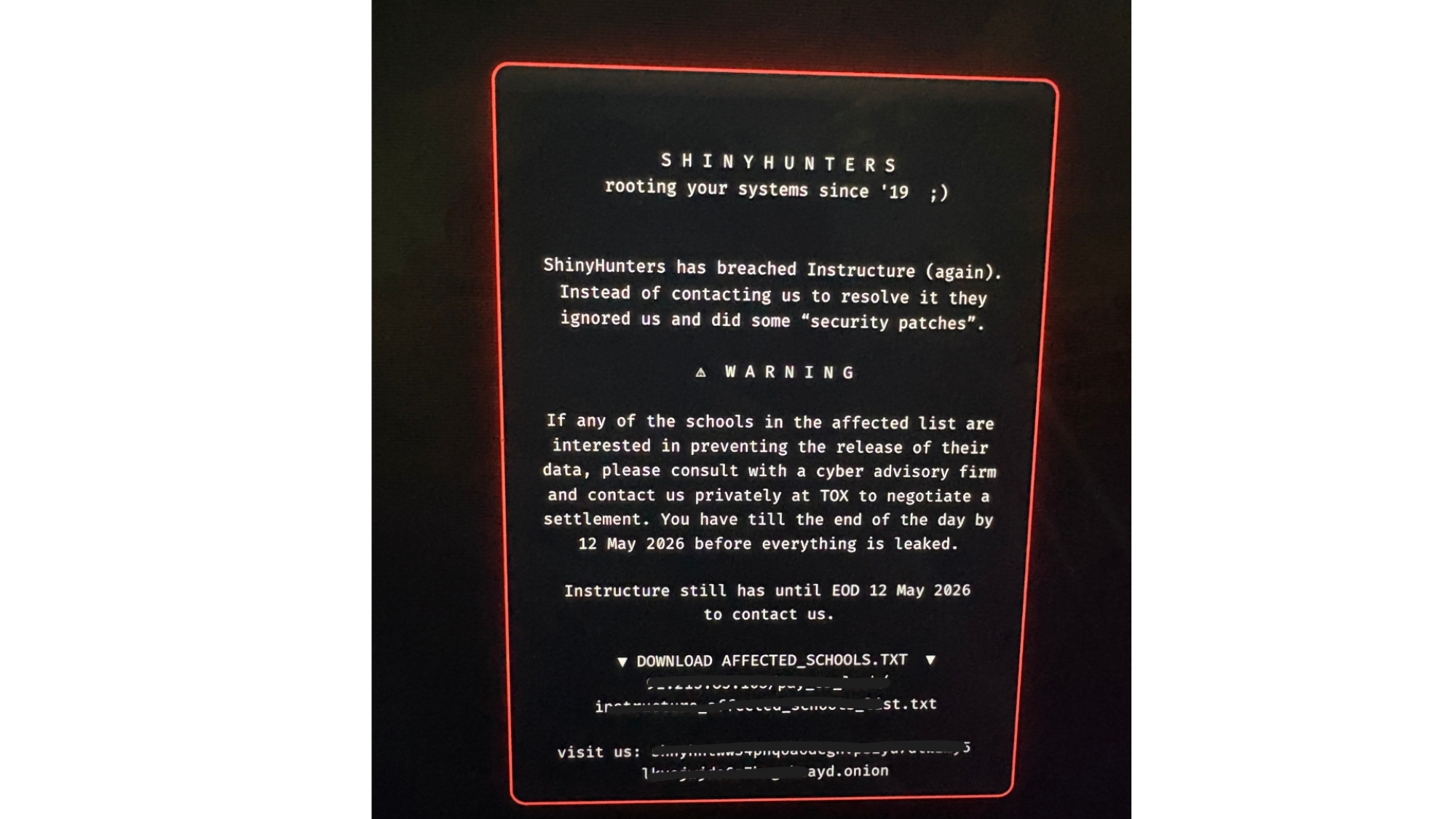 Screenshot of ransom note from ShinyHunters displayed on hacked Canvas login page