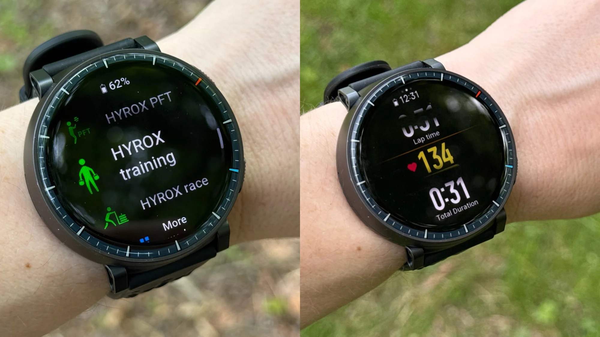 Amazfit Active Max showing Hyrox training selection mode and a workout in progress