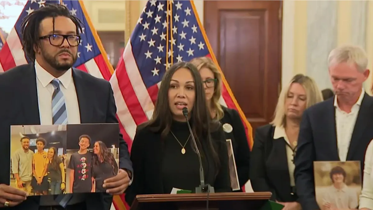 Megan Garcia speaking at an AI news conference